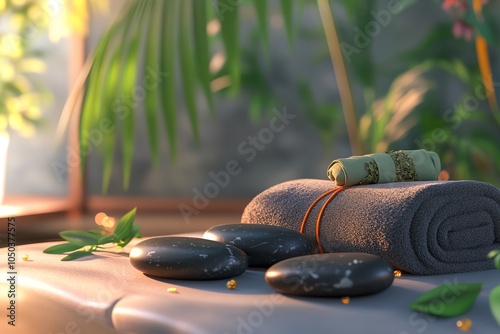 Massage stones and herbal compresses on a spa bed, soothing natural healing, 3D illustration