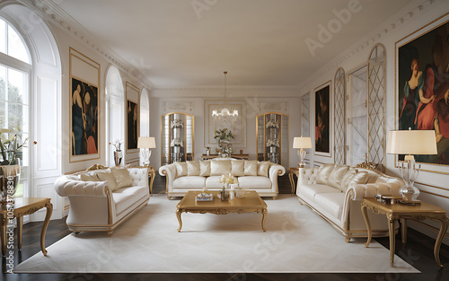 Elegant white and gold living room with ornate furniture and a chandelier exuding luxury and sophistication 