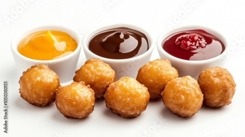 Mini paczki balls (paczki z dziurka), isolated on a white background, with a side of dipping sauces like chocolate, raspberry, and caramel