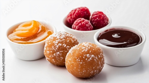 Mini paczki balls (paczki z dziurka), isolated on a white background, with a side of dipping sauces like chocolate, raspberry, and caramel