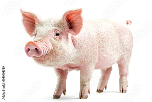 Pig standing on white background, domestic animal showing its pink skin