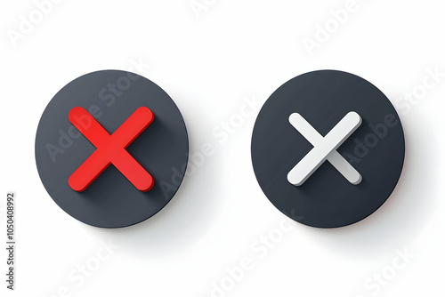 Two round buttons with a cross symbol, one in red and one in white, on a grey background.