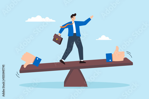 Flat illustration of businessman balances on seesaw with thumb up and down evaluating merit demerit advantage disadvantage in comparison performance