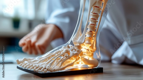 Professional podiatrist conducting detailed foot examination with foot model and X-ray imaging to explain bone injuries and ankle structure for effective surgical planning