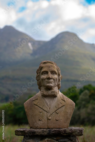 Bust of William John Burchell, Garden Route Botanical Garden, George,. Unveiled in September, 2014 the bust, situated below the Outeniqua mountains, commemorates his visit to that town in 1811.