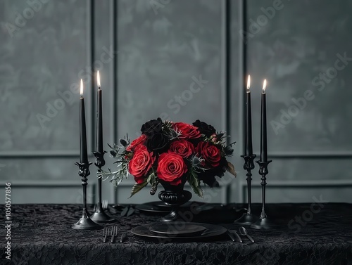 Gothicinspired Halloween dining room with elegant black lace tablecloth, candelabras, and dark floral centerpieces, elegant Halloween dining setup, spooky chic