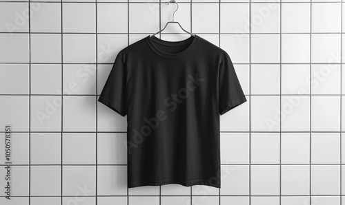 Blank Black T-Shirt Hanging on White Tiled Wall, Perfect for Custom Design or Branding Mockup, Generative AI