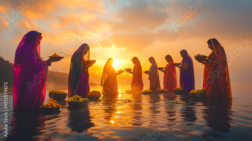 dawn view on river bank during Chhath Puja, women wearing colorful saris standing in water with offerings of fruits and flowers in hands, sun has just risen, Ai generated images