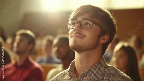 A determined student standing confidently in a modern classroom filled with sunlight, catching everyone attention amidst focused peers and inspiring surroundings