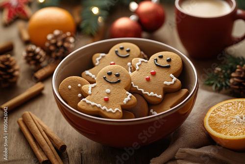 A bowl of gingerbread cookies, with cinnamon sticks, orange slices, and hot cocoa in red mugs on the side. Decorations such as Christmas trees and processional are in the background on a wooden table