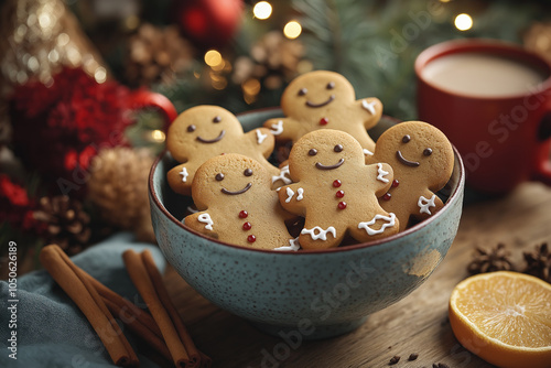 A bowl of gingerbread cookies, with cinnamon sticks, orange slices, and hot cocoa in red mugs on the side. Decorations such as Christmas trees and processional are in the background on a wooden table