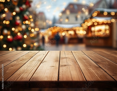 Nahaufnahme von einem warmen Holztisch mit einem gemütlich, weihnachtlich dekoriertem Weihnachtsmarkt im Hintergrund. Platz für Text oder eine Produktpräsentation.