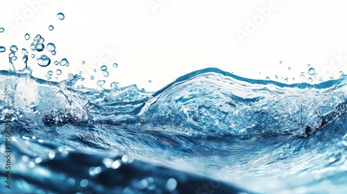 Water with air bubbles underwater and waves on white background. water. Ultra realistic. Photorealistic