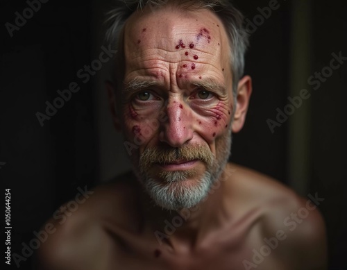 A close-up portrait of a man displaying pimple-like lesions on his face, indicative of monkeypox. His expression conveys concern about the symptoms he is experiencing. Generative AI