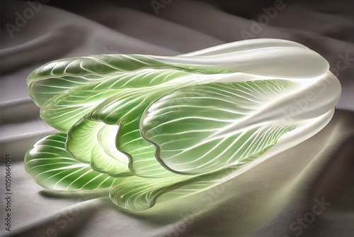 A glowing, glass-like bok choy lies on its side on a white cloth, softly illuminated, with a captivating translucent effect.