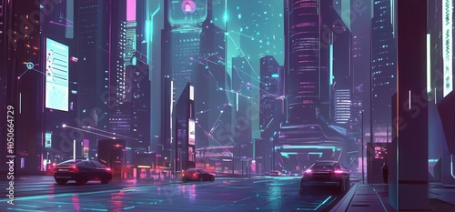 A futuristic cityscape with connected IoT devices represented by neon lines linking buildings, cars, and streetlights, glowing in vivid blues and purples.