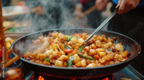 Close-up of fried rice cakes (nian gao) stir-fried with vegetables and soy sauce, served from a Chinese street food vendor.