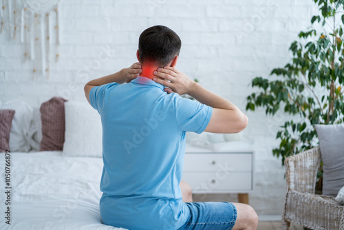 Neck pain, cervical spine hernia, man suffering from ache at home