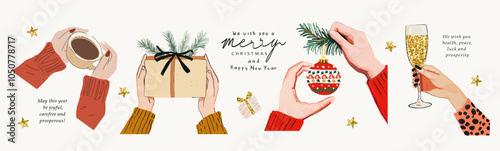 Merry Christmas and Happy New Year! 2025. Vector watercolor illustration of hand with champagne. toast, hands with New Year's ball, with box gift and coffee on white background for greeting card