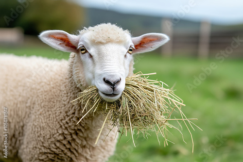 A sheep happily chewing on a mouthful of straw in a lush green field