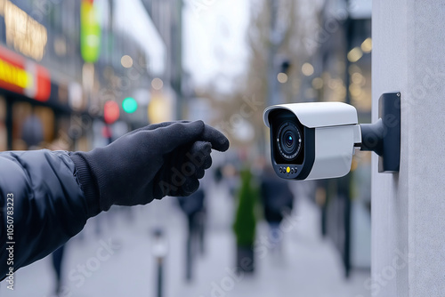 A gloved hand carefully disabling a security camera on a busy street in daylight