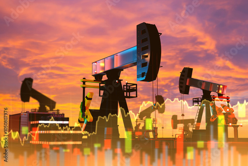 Oil business. Petroleum deposits. Oil production rate chart. Fluctuations in fuel company quotes. Oil pumps at sunset. Extraction petroleum from ground. Hydrocarbon deposits and evening sky. 3d image