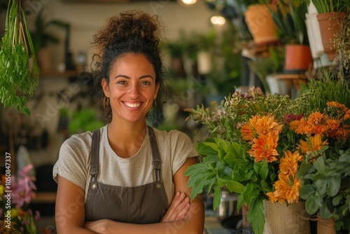 Cheerful flower arranger taking care of a plant in her shop, Generative AI