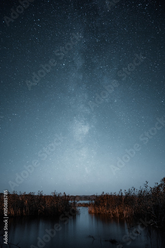 a lake with a sky full of stars