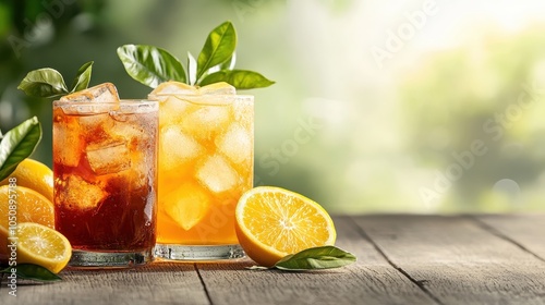 An inviting image of two refreshing beverages served in glasses overfilled with ice and decorated with citrus garnishes, ideal for thirst-quenching moments.