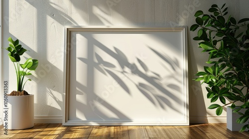 mockup in sunny cabin, A white border frame with a blank canvas of a landscape painting hanging on a white wall with leaf shadow 