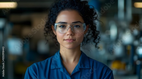 inżynier, młoda kobieta, 20-latka, kręcone włosy, ekspresja determinacji, niebieska koszula robocza, okulary ochronne, laboratorium inżynieryjne, plany, sprzęt techniczny, inteligencja, innowacja, nat