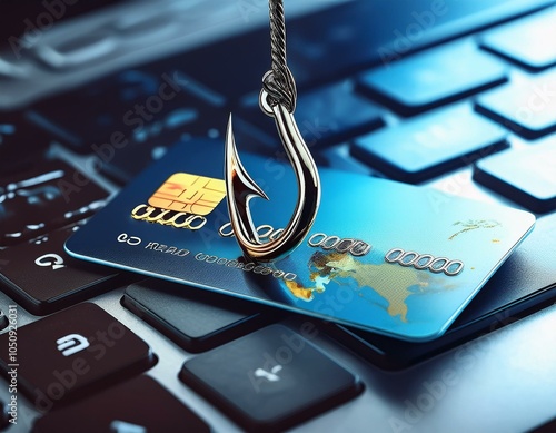 credit card and large fish hook on computer keyboard background cybercrime phishing concept