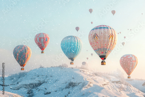 Colorful hot air balloons flying on snow hill in blizzard.