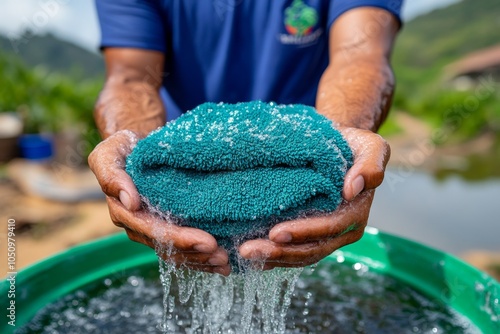 A person squeezing a wet towel after cleaning, twisting the fabric to wring out the excess water into a bucket