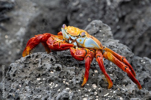 Close-up view of a bightly colored sally lightfoot crab standing on porous volcanic rock