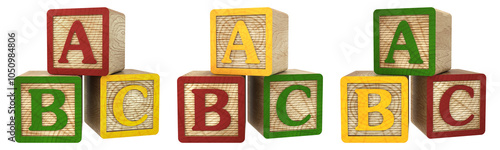 3D render A B C alphabet in colored wooden blocks with letters for literacy and didactic illustration for schools, children, advertisements and others. Excellent quality. 