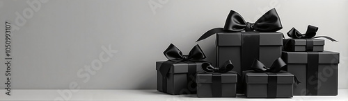 Elegant black gift boxes with bows on gray background