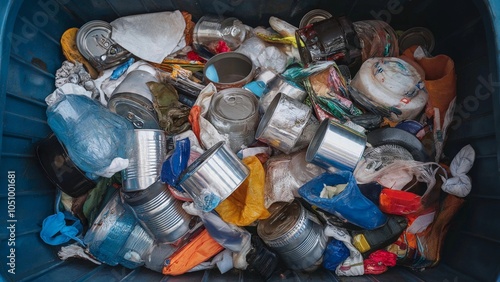 Mixed Inorganic Waste with Plastic and Metal Cans in Recycling Bin 