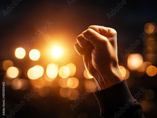 Fist raised in triumph against a glowing background