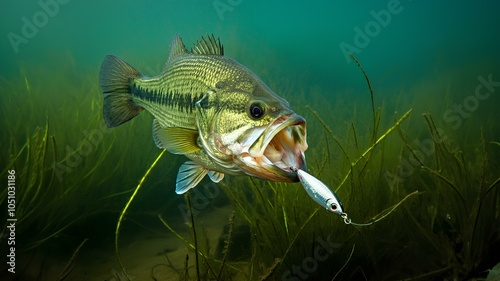 魚釣り、ルアーに勢いよく食いつくブラックバス｜Fishing, black bass biting vigorously into a lure