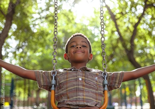 Happy boy on a swing in a sunny park, enjoying childhood outdoors.