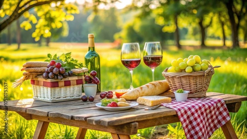 Picnic table set with wine glass and snacks in lush outdoor setting, picnic, table, wine glass, snacks, outdoor, setting, wine