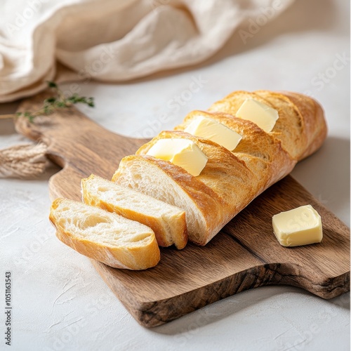 A classic French baguette sliced and served with a pat of butter, elegantly arranged on a wooden cutting board, Baguette centered