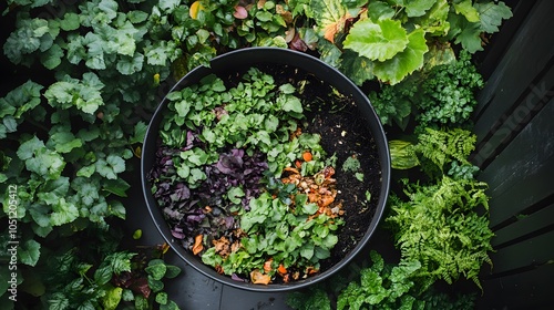 A compost bin filled with decomposing organic waste in an urban garden to reduce food waste