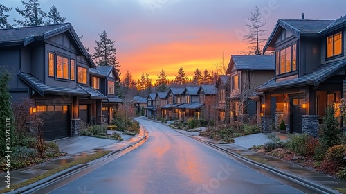 neighborhood with luxury two-story homes lining dead-end street during sunset.