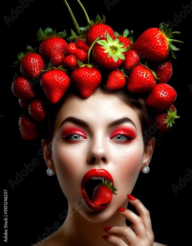 cute girl costume with flirtatious look and delicious strawberries on Halloween