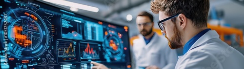 A focused scientist analyzes data on a high-tech display in a modern laboratory environment, showcasing innovative research.