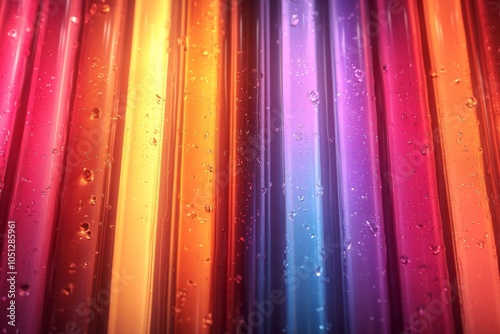 Close-up of colorful, wet plastic straws arranged vertically with water droplets on them. Great for vibrant backgrounds, party themes, and concepts around drinking, refreshment, and summer.