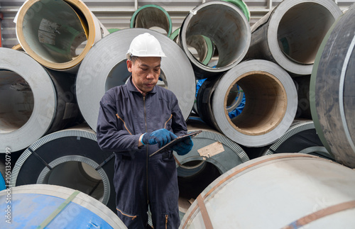 A worker checks a tablet in front of large rolls of metal. Safety gear is worn for protection in the workplace.