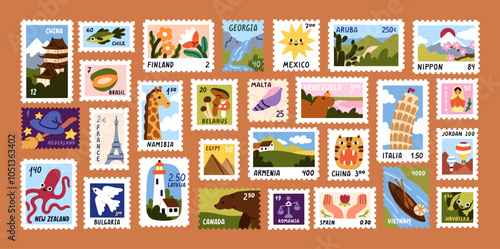 Post stamps set. Travel mail stickers, postage cards with world landmarks, landscapes, architecture, symbols of different countries. Postal souvenirs, philately. Isolated flat vector illustrations